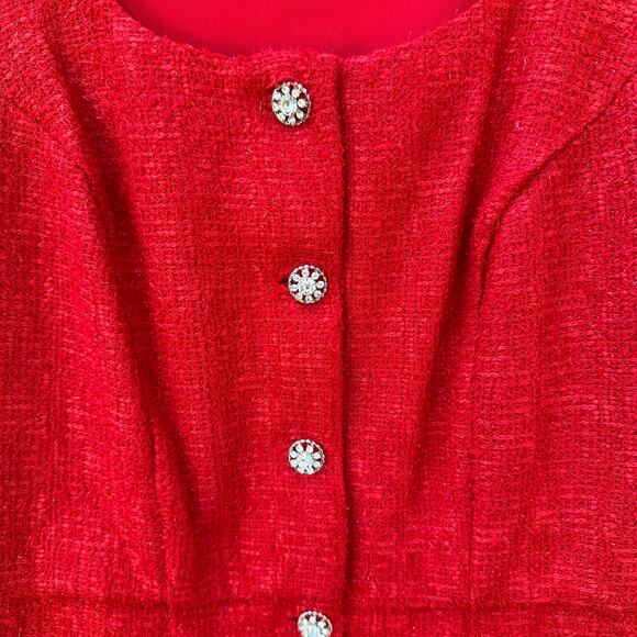 NWT Taylor Red Shimmer Tweed Holiday Dress Size 8 Gem Button Detail & Pockets - Picture 5 of 11
